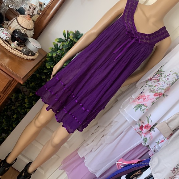 Purple Gauze sleeveless boho tunic mini dress babydoll top L - Picture 9 of 13